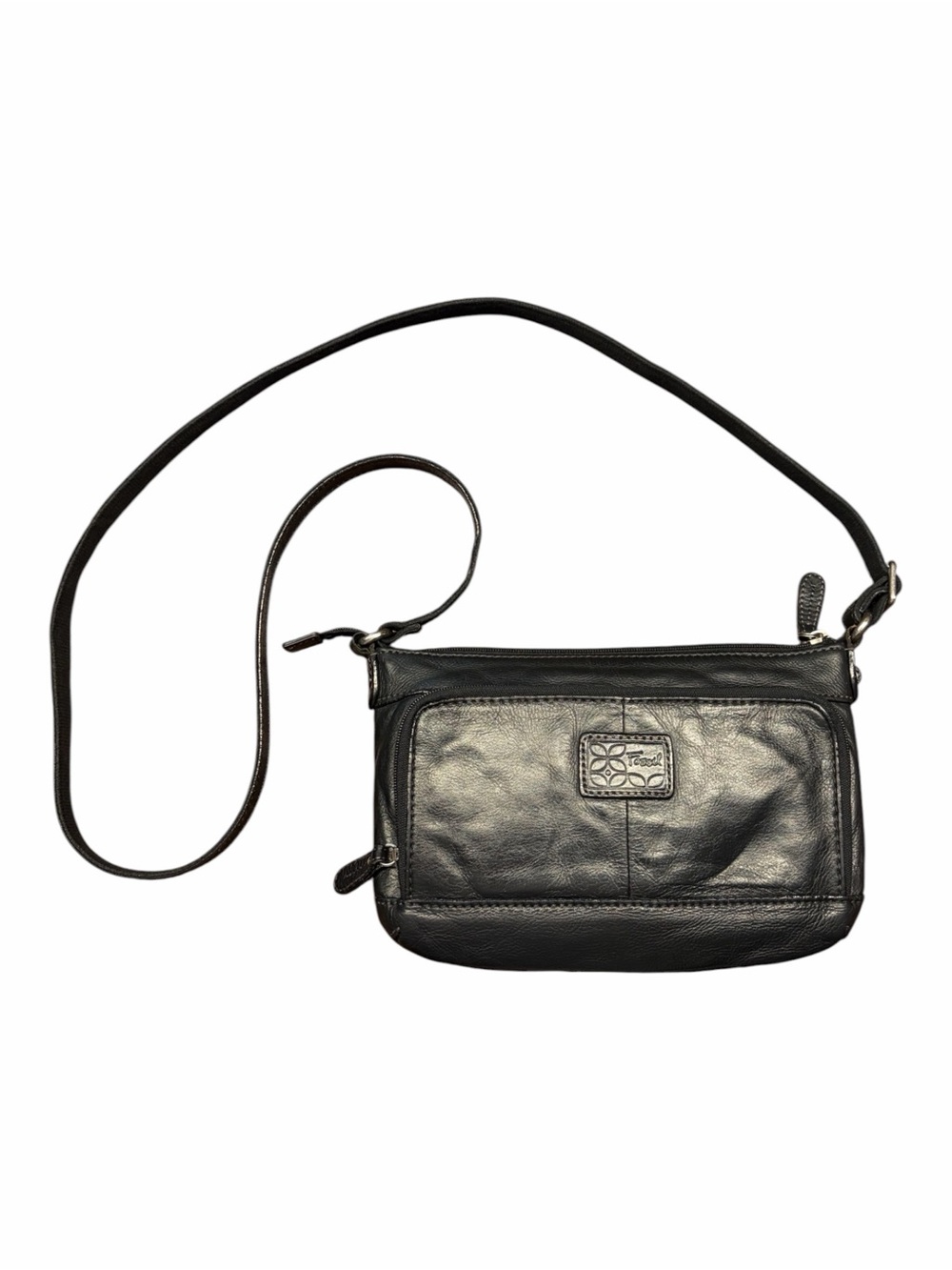 Fossil Vintage Genuine Black Leather Crossbody Organizer Purse Bag